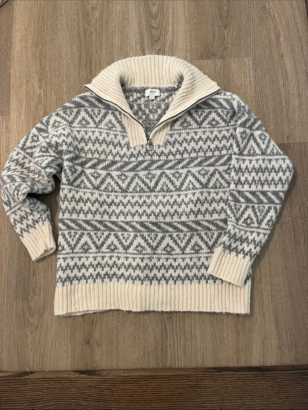 aerie Cream and Gray Fair Isle Half-Zip Sweater